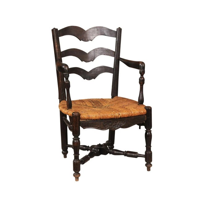 19th Century French Rustic Dark Oak 19th Century Child's Chair with Ladder Back and Rush Seat For Sale - Image 5 of 12