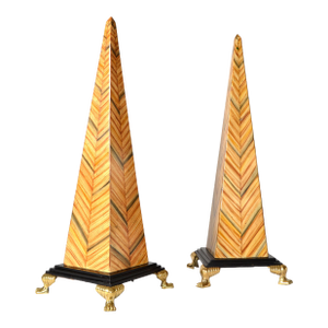 Pair of Maitland-Smith Pyramid Grand Tour Tessellated Wood Brass Claw Feet Obelisks
