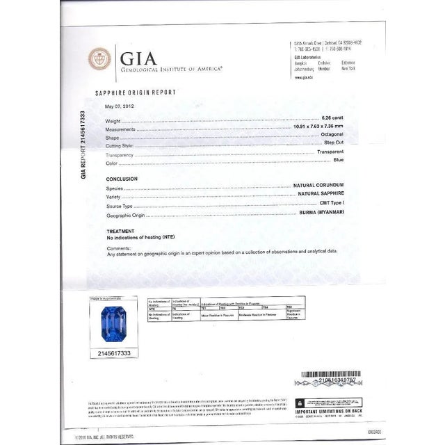 Gia Certified 6 Carat Emerald Cut No Heat Burma Blue Sapphire & Diamond Ring For Sale - Image 11 of 11