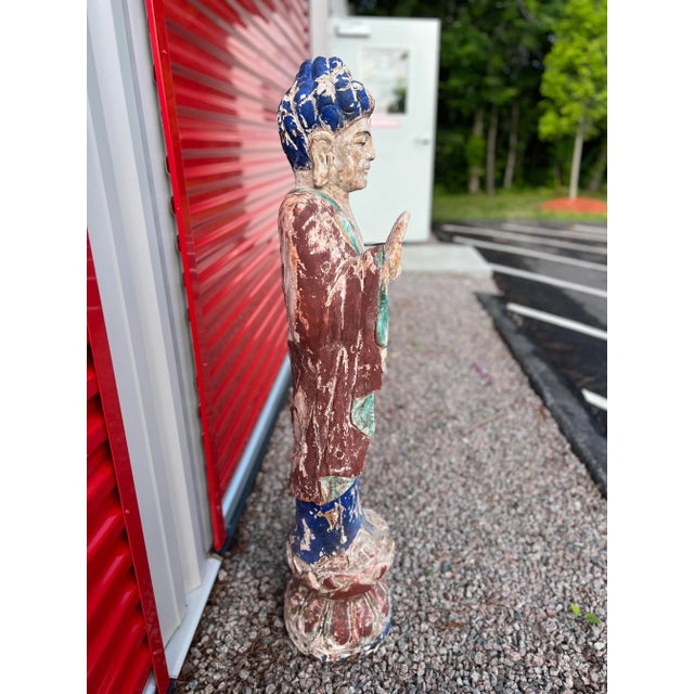 Brown Antique Chinese Polychrome Decorated & Carved Wood Buddha For Sale - Image 8 of 12