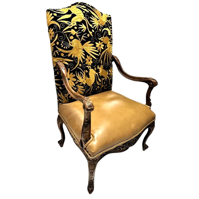 French Late 20th Century Empress Carlota' Louis XV Large Fauteuil - Carved Walnut Reupholstered With Otomi Hand Embroidery and Leather For Sale - Image 3 of 13