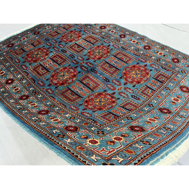Turquoise Blue and Red Wool Area Rug, Tribal Geometric Medallion Design For Sale - Image 4 of 14