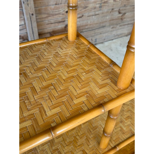 Ornamental & Decorative Materials Vintage Boho Faux Bamboo Style Tiered Shelf With Rattan Parquetry Weave For Sale - Image 7 of 12