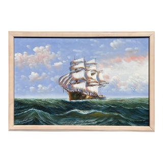 Late 20th Century Davis Large Oil Painting on Canvas, Seascape, Sailing Ship in the Ocean, Framed For Sale