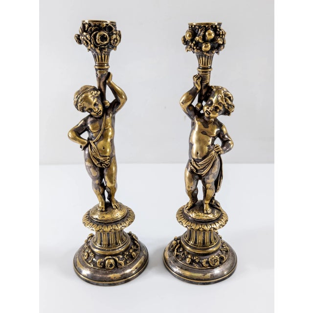 French 19th Century Pair of French Silvered Bronze Candlestick in Cherub or Putti Form For Sale - Image 3 of 12