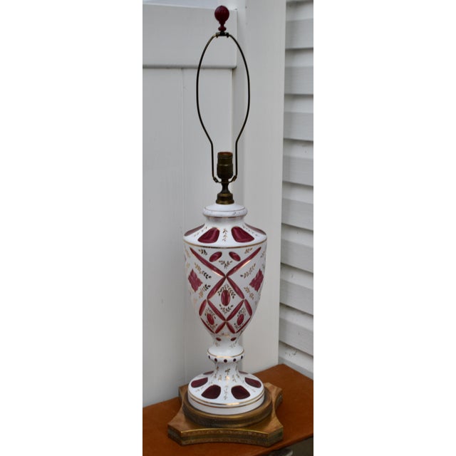 Cranberry Glass and Brass Lamp Vintage Table Bohemian Czech Hand Painted For Sale - Image 15 of 18