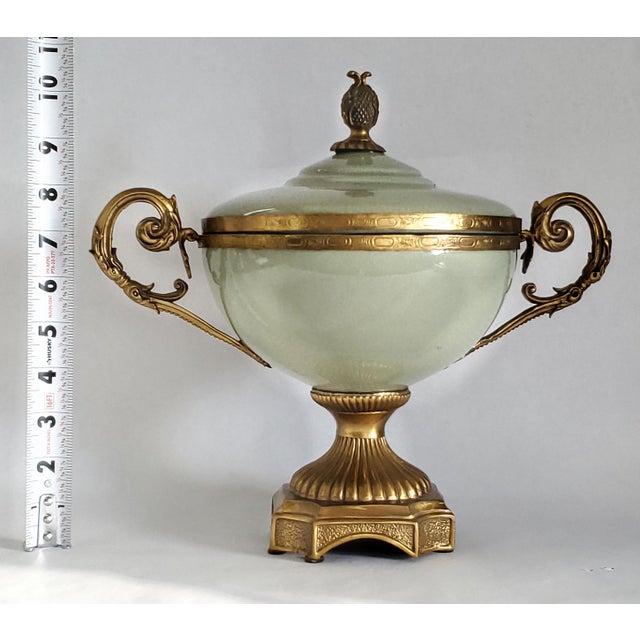 Footed Bowl or Urn Celadon Green & Brass Candy Dish For Sale In Miami - Image 6 of 12