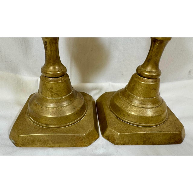 Antique Pair of 19th Century Square Based Brass Push-Up Candlesticks From England. Very stately & impressive pair of tall...