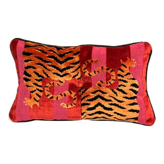 10” X 16” Schumacher Jokhang Tiger Red & Pink Velvet Lumbar Pillow / the Tails For Sale