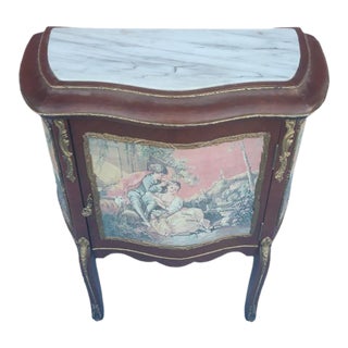 Mid 20th Century Vintage French Style Gold With Painted Boy and Girl Marble Top Beddide Table With Key For Sale