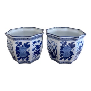 Chinoiserie Large Blue and White Porcelain Planters, Pair For Sale