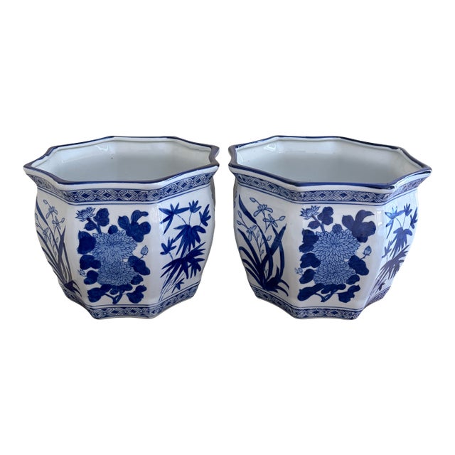 Chinoiserie Large Blue and White Porcelain Planters, Pair For Sale