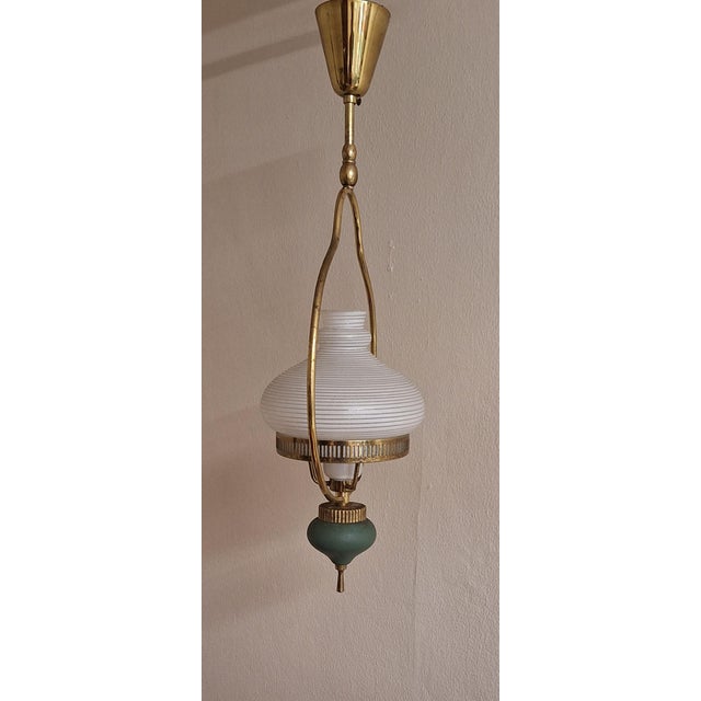 Vintage Hanging Lamp with Brass Frame and White Patterned Glass Shade, 1960s For Sale - Image 6 of 7