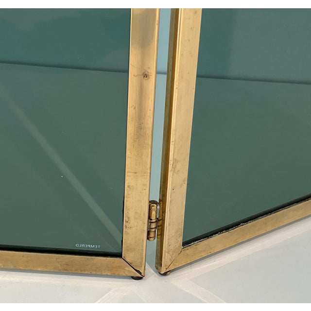 Chimney Fire Screen Composed of 3 Panels of Greenish Glass Surrounded by a Brass Frame For Sale - Image 10 of 12