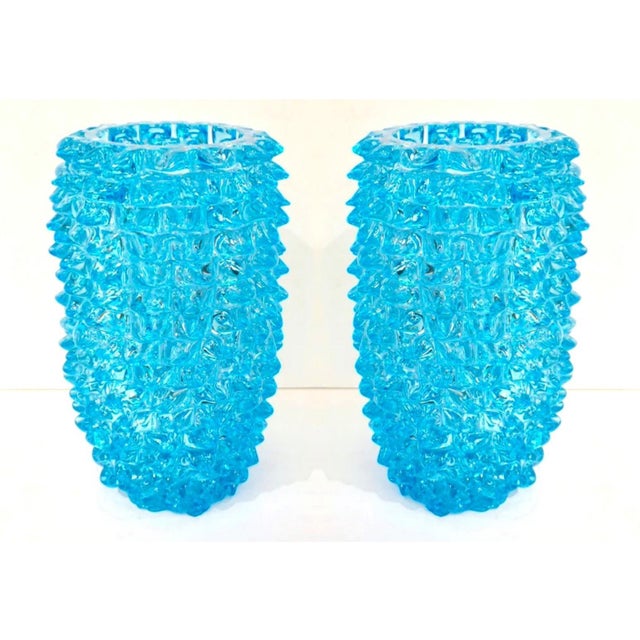 Pair of Art Deco Style Italian Aquamarine Murano Glass Centerpiece Vases For Sale - Image 10 of 10