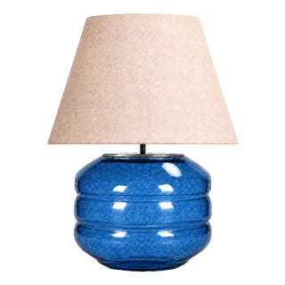 Hand-Blown Glass Table Lamp with Linen Shade in Azure by Svitanok For Sale