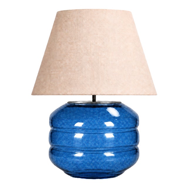 Hand-Blown Glass Table Lamp with Linen Shade in Azure by Svitanok For Sale