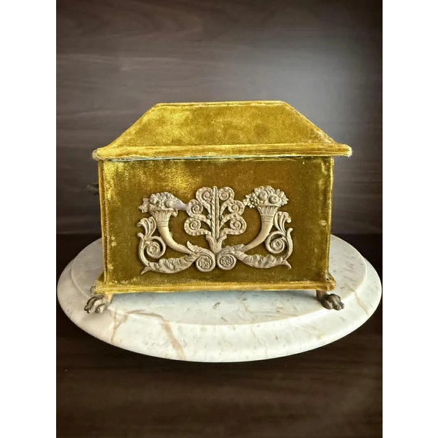Antique Victorian Jewelry Box “Boudoir” or Sewing Box in Mustard/ Golden/ Green Velvet, Inside Blue Silk From the Early 20th Century For Sale - Image 4 of 10
