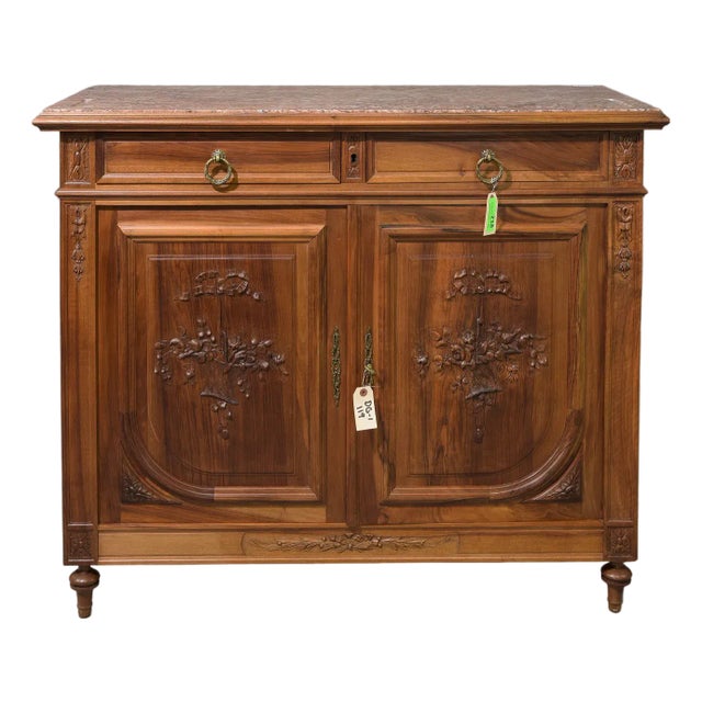 Early 19th Century French Art Nouveau Style Walnut & Marble Top Buffet / Sideboard For Sale
