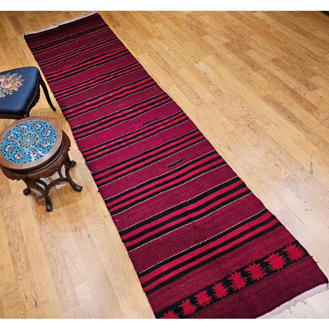 Vintage Turkish Hand Woven Kilim Runner, Wool & Cotton, Stripe Design, 3x12 For Sale - Image 4 of 15