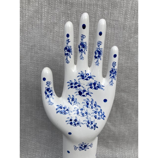 1980s Vintage Hand Painted Blue and White Porcelain Hand Form For Sale - Image 9 of 10