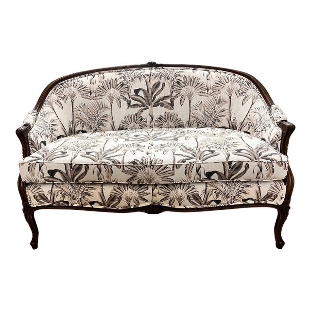 French Louis XV Style Carved Walnut Settee Newly Upholstered in Tropical Botanical Cotton For Sale