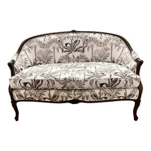 French Louis XV Style Carved Walnut Settee Newly Upholstered in Tropical Botanical Cotton