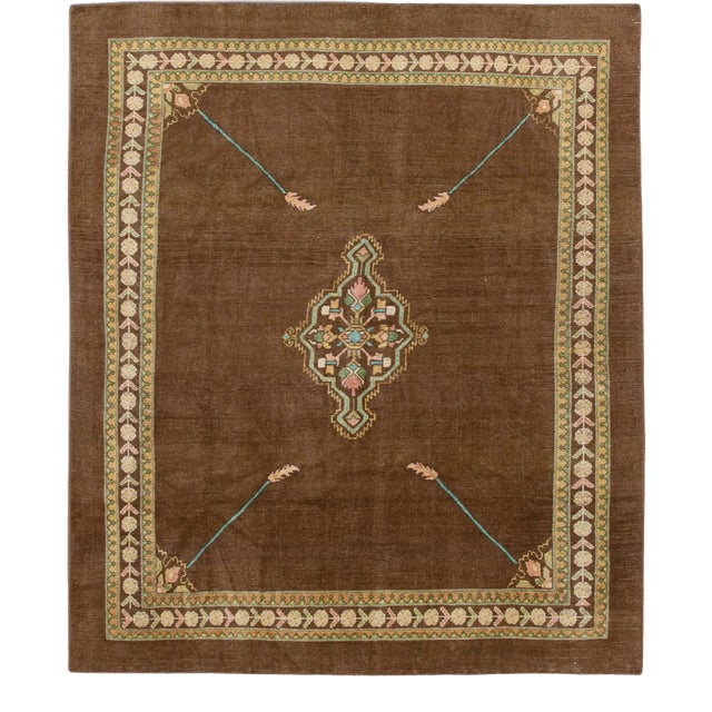 Modern Revival Brown Handmade Medallion Floral Wool Rug For Sale