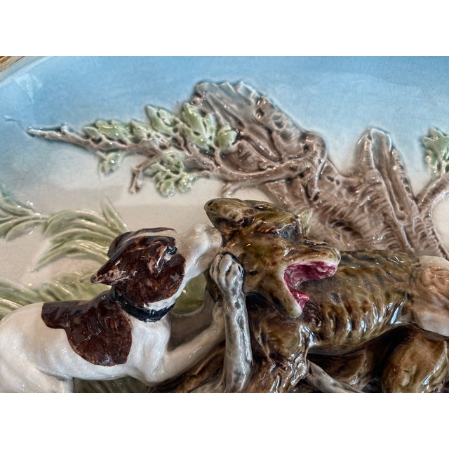 Gemstone Rare 19th Century French Sarreguemines Majolica "The Hunt of the Wolves" Barbotine Platter, Rare Turquoise Color. For Sale - Image 7 of 17