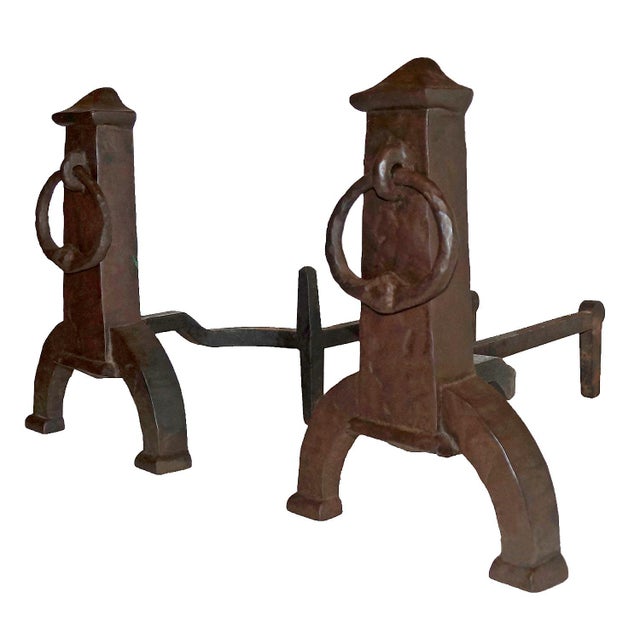 Early 20th Century Antique Andirons Arts and Crafts Style - A Pair For Sale - Image 5 of 6