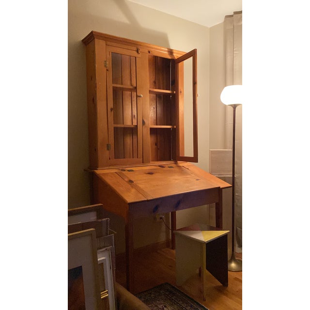 Brown Slim Profile 1970s Shaker Style Pine Desk and Hutch + Glass Doors, 2 Pieces For Sale - Image 8 of 14