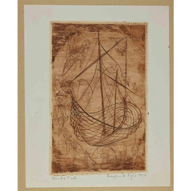 Ex-Libris - Boat and Fish is an Artwork realized in 1954, by the American Artist V. Pyle. Etching on paper. Hand Signed...