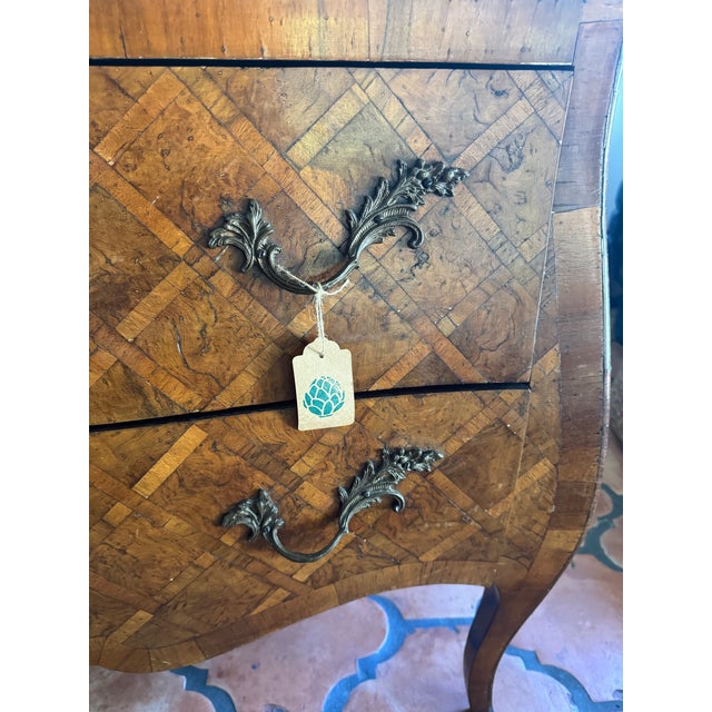 Old Italian Parquetry inlaid chest commode. Beautiful warm patina, 2 drawers with worn hardware. Sturdy and well made.