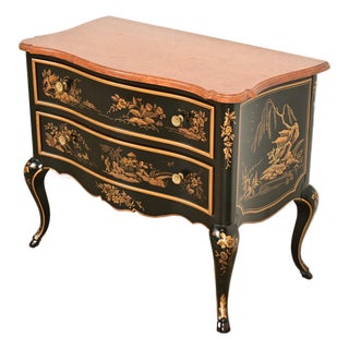 Drexel Heritage Hollywood Regency Chinoiserie Black Lacquered Hand Painted Chest of Drawers, Circa 1970s For Sale