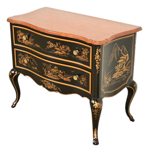 Drexel Heritage Hollywood Regency Chinoiserie Black Lacquered Hand Painted Chest of Drawers, Circa 1970s