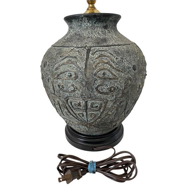 The Mid-Century Ceramic Verdigris Hu Style Vessel Chinoiserie Table Lamp is a vintage piece from the 1960s with a large...