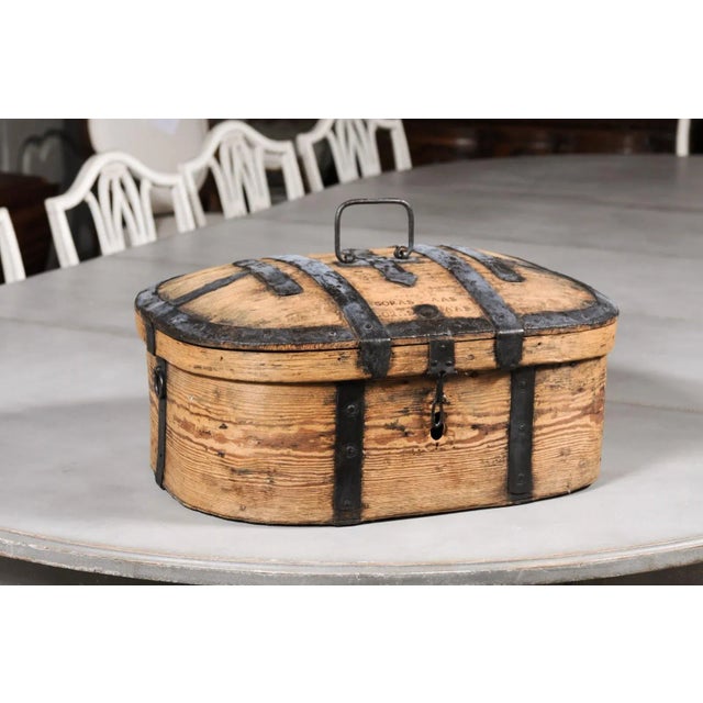 Swedish 1790s Rustic Oval Top Wooden Box with Iron Accents and Distressed Patina For Sale - Image 9 of 12
