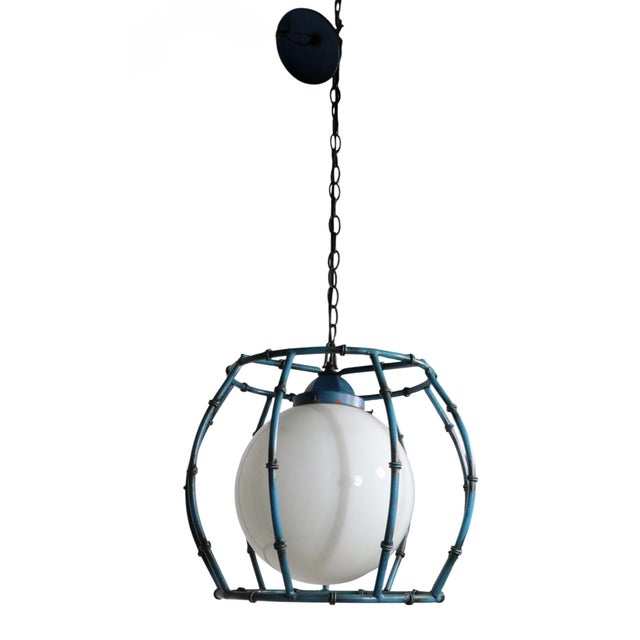 Mid 20th Century Mid Century Modern Faux Bamboo Metal Cage Chandelier With Ball Center Globe For Sale - Image 9 of 12