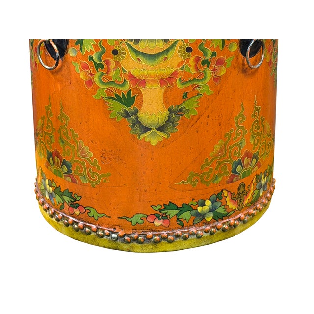 Wood Distressed Light Orange Tibetan Style Jewel Symbol Round Drum Table For Sale - Image 7 of 10