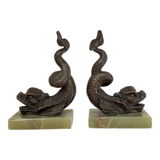 1920s Art Deco Bronze & Onyx Ancient Fish Bookends - a Pair For Sale