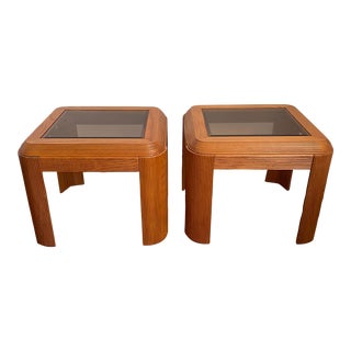 1970s California Pencil Reed Side Tables With Smoked Glass. A Pair For Sale