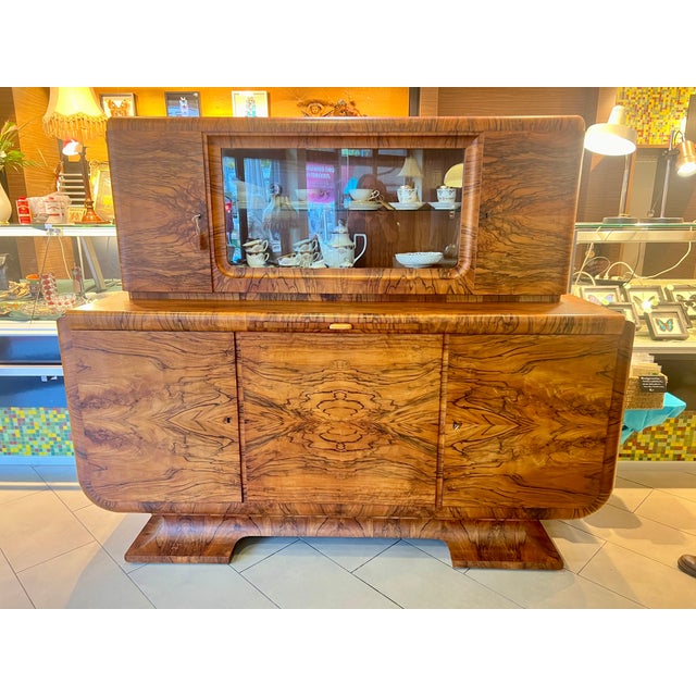 German Art Deco Sculptural Burl Walnut Credenza with Vitrine and Marble Serving Slide, 1932 For Sale - Image 11 of 15