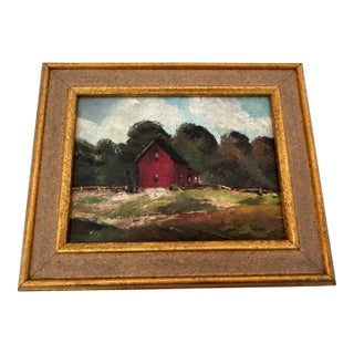 Small Vintage Oil Painting of Red Barn For Sale