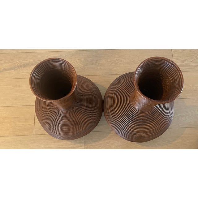 Vintage 1970's Gabriella Crespi Style Pencil Reed Rattan Floor Vases Urns- A Pair For Sale - Image 12 of 14