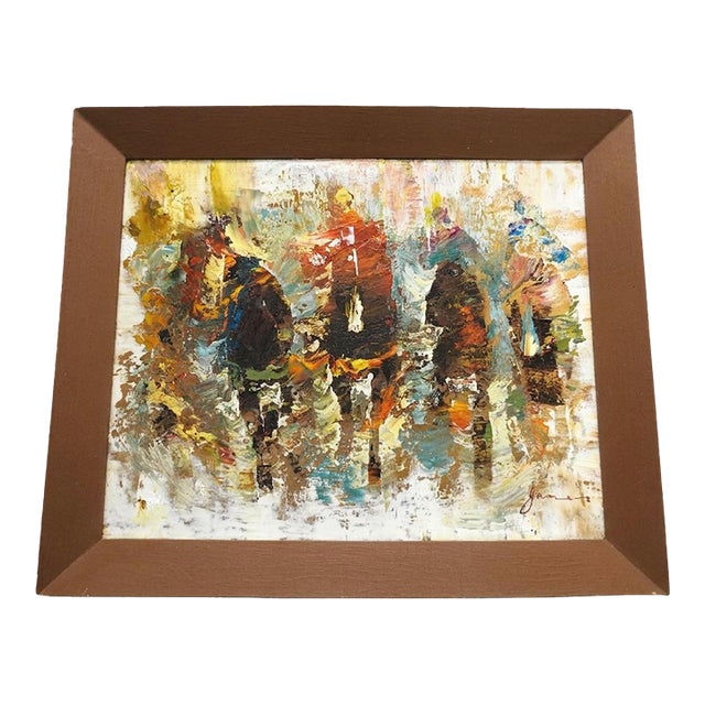 Mid-Century Modern Abstract Horse Racers Oil Painting – Signed James For Sale