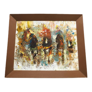 Mid-Century Modern Abstract Horse Racers Oil Painting – Signed James