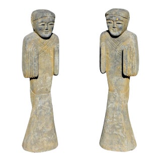 Pair Antique Stone Attendants Servants Statues Han Style For Sale