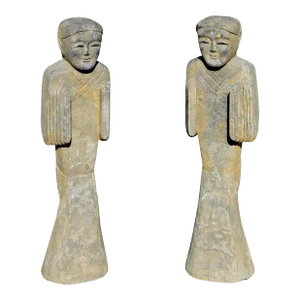 Pair Antique Stone Attendants Servants Statues Han Style