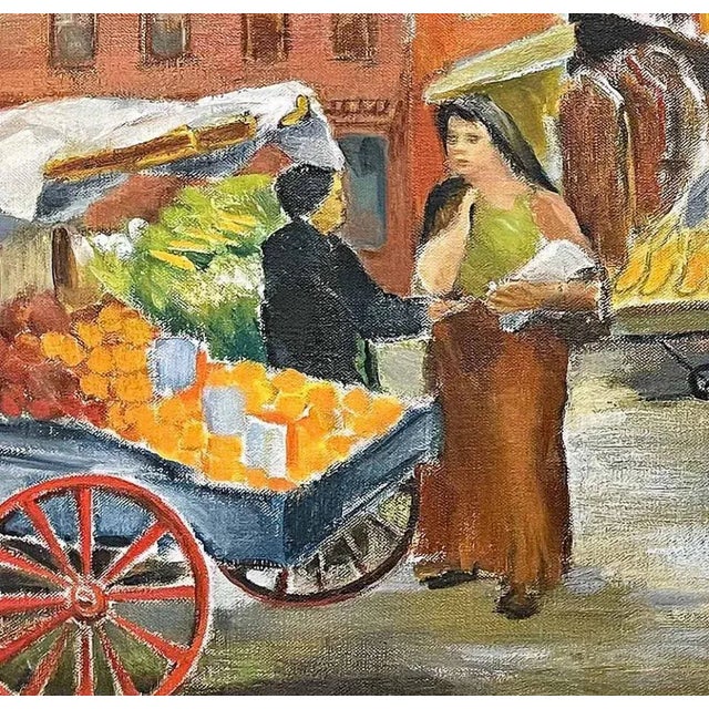 Brilliantly painted in a palette of canary yellow, orange-red, browns and blues, this WPA-period painting of an open-air...