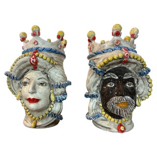 Sicilian Ceramic Heads from Caltagirone, Set of 2 For Sale